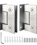 Heavy Duty Brushed Nickel Glass Shower Door Hinges For 90 Degree Corner Mount with rubber gasket and installation kit accessories.