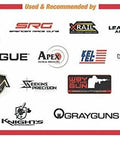 Logos of brands recommending the Extreme Duty Gun Oil And Grease Kit With Needle Oiler For Guns 1oz Oil And 1oz Grease Made In USA Heavy Duty Lubricant.