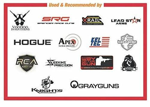 Logos of brands recommending the Extreme Duty Gun Oil And Grease Kit With Needle Oiler For Guns 1oz Oil And 1oz Grease Made In USA Heavy Duty Lubricant.