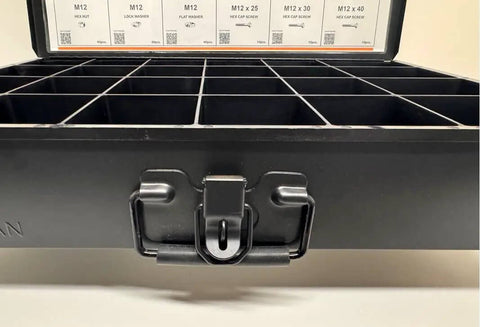 Heavy Duty 24 Compartment Black Metal Drawer Storage Box With Removable Tray, Locking Latch and Cushioned Easy Grip Handle