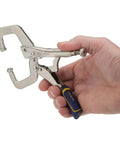 Welding Pliers With Fast Release Locking C Clamp 6 Inch Wide Opening Jaws held in hand showing tactile grip