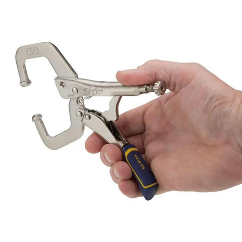 Welding Pliers With Fast Release Locking C Clamp 6 Inch Wide Opening Jaws held in hand showing tactile grip