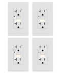 20 Amp GFCI Outlet With Self Test Nightlight, Tamper Resistant Receptacle, LED Indicator, UL Listed, Wall Plate Included, Matte White, 4 Pack For Safer No Fuss Power And Quick Night Light mounted on wall plates