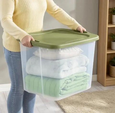 Rock Solid 95 Quart Clear Plastic Storage Bin With Easy Grip Handles for carrying folded blankets in a home setting.