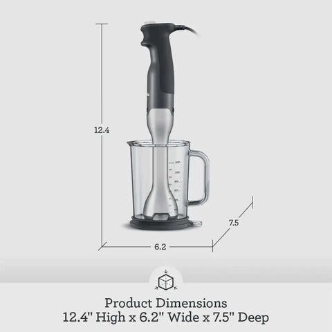 Product dimensions of Level Up Your Kitchen Routine With The Control Grip Immersion Blender with 42oz jug, 12.4" high, modern design.