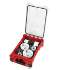 Top Notch 10 Piece Bi Metal Hole Saw Kit Fits Milwaukee 49-22-5606 For Swift Cutting Durable Performance With Ice Hardened Teeth And Smart Slots To Kick Out Debris Fast On Any Job Site. Red case with bi metal hole saws and arbor set