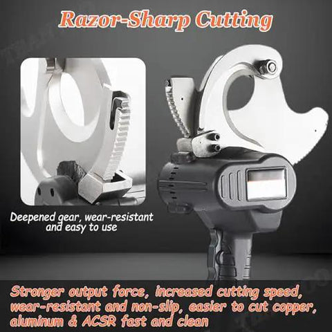 Heavy Duty Ratchet Cable Cutter Chops Through Thick Copper Aluminum And ACSR Wiring Quick With Solid Charge Lithium Batteries And Ergonomic Non Slip Handle For Effortless Pro Electrical Work, showcasing razor-sharp blade and ergonomic design.
