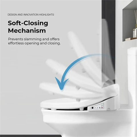 Electric Bidet Smart Toilet Seat For Elongated Bowls showing soft-closing mechanism for easy lid operation.