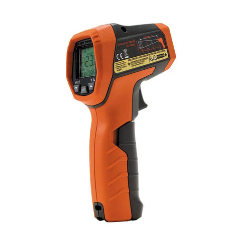 Infrared Thermometer With Dual Laser Targeting And Auto Scan, 12 To 1 Distance To Spot, Backlit Display, shown from side angle.
