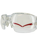 Tough As Nails Frameless Wraparound Safety Glasses with clear lenses and red accent for heavy duty construction jobs.