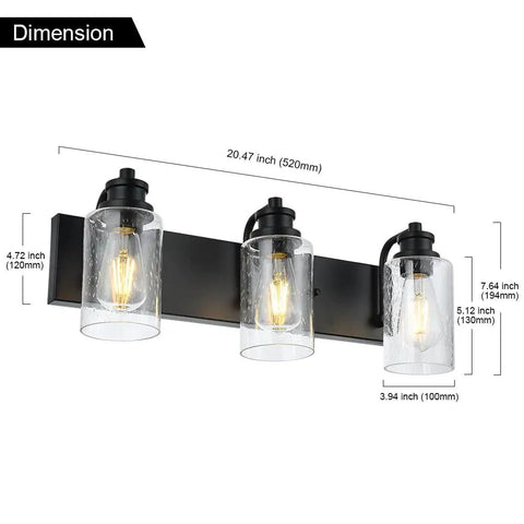 Three Light Black Vanity Light Fixtures Over Mirror With Seeded Glass Shades Industrial Wall Mount Lamps For The Bathroom Metal