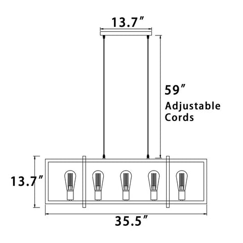Diagram of Sleek Five Light Kitchen Island Pendant Light Fixture dimensions and adjustable cords, matte black and antique brass finish.