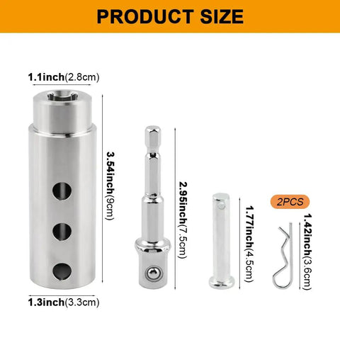 Slick Heavy Duty Trailer Jack Drill Adapter With One Inch Drive Shaft Drop In Cordless Crank Tool size dimensions and parts.