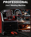 135A MIG Welder With 3 In 1 Flux Core MIG Lift TIG And Stick Welding Portable IGBT Inverter 110V, front view display