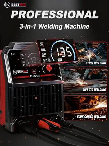 135A MIG Welder With 3 In 1 Flux Core MIG Lift TIG And Stick Welding Portable IGBT Inverter 110V, front view display