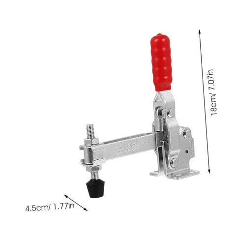 2 Pack Heavy Duty Iron Toggle Clamps With Rubber Tips Quick Release Welding Fixed Clamp For Woodworking Jig Fixtures And Workshop Use Rust Resistant Secure Holding Power Durable Clamp System, side view with red rubber handle, dimensions visible.