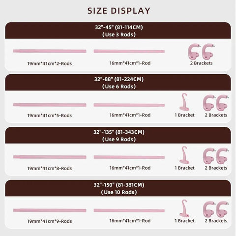 Size display for Pink Adjustable Curtain Rod Set with variations from 32" to 150" including rods and brackets for wide windows.