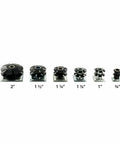 Side view of assorted sizes of caster inserts including Double Star Threaded Caster Inserts Heat Treated Steel Fits One Inch Square Tubing