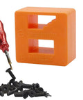 Dual Function Pro Grade Magnet Tool And Demagnetizer For Screwdriver Tips in bright orange next to screws and tool