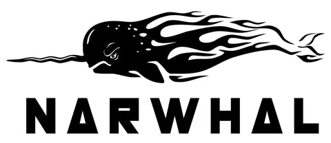 Illustration of a stylized narwhal with flames and text 'NARWHAL' below