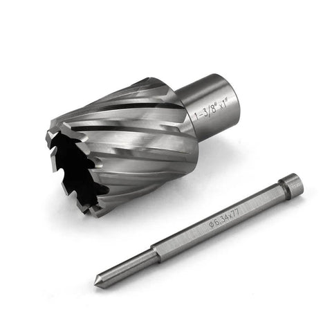 Two-piece annular cutter and Weldon-shank drill bit with pilot pin for magnetic drill press; 1-3/8 in diameter, HSS