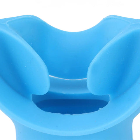 Close-up of blue silicone mouthpiece for snorkel and regulator replacement, universal comfort bite, made from food-grade silicone