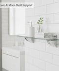 Bathroom with Go-To Glass Shelf Support Clip in Silver Zinc Alloy Mounting Bracket, supporting a glass shelf with decor.
