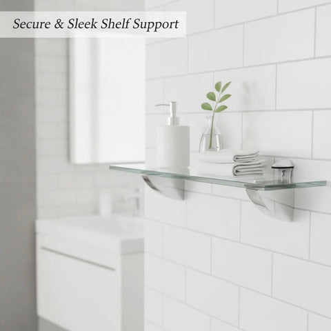 Bathroom with Go-To Glass Shelf Support Clip in Silver Zinc Alloy Mounting Bracket, supporting a glass shelf with decor.
