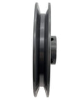 Side view of Heavy Duty Five Eighths Inch Bore Single Groove V Belt Pulley With Five Point Seven Five Inch Outer Diameter Cast Iron Motor Pulley For A AX B BX Four L Five L V Belts BK6058 Durable Cast Iron Construction Provides Long Lasting Durability