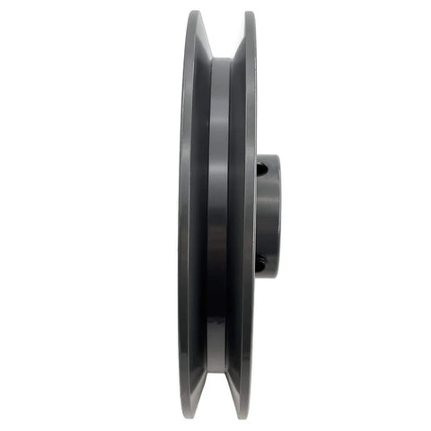 Side view of Heavy Duty Five Eighths Inch Bore Single Groove V Belt Pulley With Five Point Seven Five Inch Outer Diameter Cast Iron Motor Pulley For A AX B BX Four L Five L V Belts BK6058 Durable Cast Iron Construction Provides Long Lasting Durability