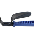 Close-up of DB1000 Double Burr Deburring Tool for Alloy Steel Sheet Metal Trimming, featuring blue handle and dual burr design.