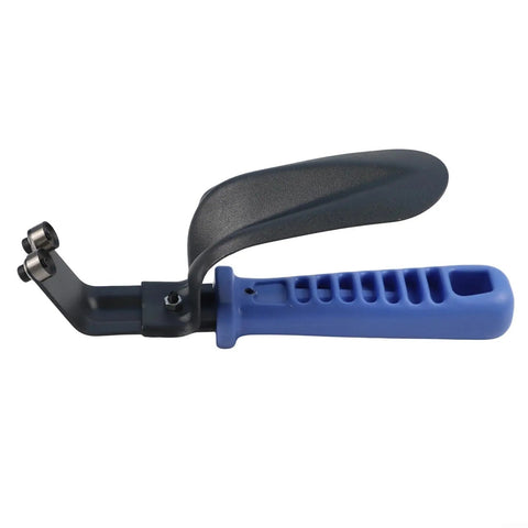 Close-up of DB1000 Double Burr Deburring Tool for Alloy Steel Sheet Metal Trimming, featuring blue handle and dual burr design.