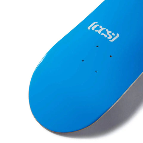 Blue 8-Inch Skateboard Deck With 7-Ply Canadian Maple, Pro Grade Construction, Skate Tested And Durable, close-up of deck nose.