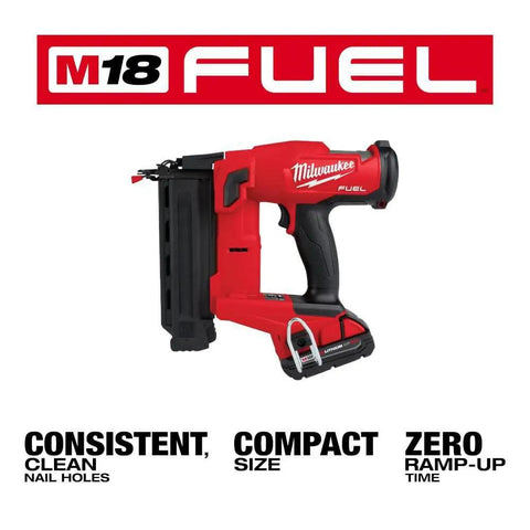 Red M18 FUEL 18 Gauge Brad Nailer With Zero Ramp Up Time Instant Fire And Subflush Nail Depth Featured In Promotional Image