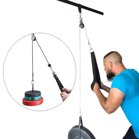 Silent Cable Pulley System Dope Home Gym Attachments Heavy Duty Steel Lift Setup in use for arm workouts