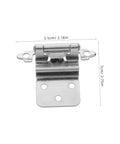 Front view of Unomor self-closing inset cabinet hinge, metal with mounting plate holes; 5.5 cm wide.