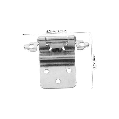 Front view of Unomor self-closing inset cabinet hinge, metal with mounting plate holes; 5.5 cm wide.