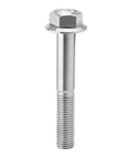 Titanium flange hex bolt, M10 x 65mm, 1.25 pitch, silver finish.