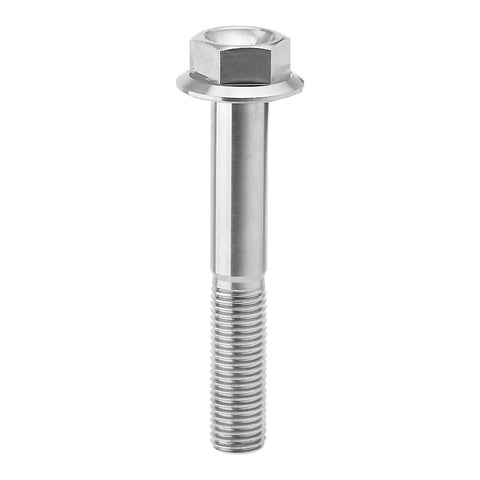 Titanium flange hex bolt, M10 x 65mm, 1.25 pitch, silver finish.
