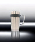 No Slip 20 Oz Tumbler Handle For Vacuum Insulated Mugs, Easy Grip Travel Cup Holder in black shown on a silver tumbler