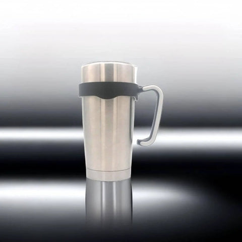 No Slip 20 Oz Tumbler Handle For Vacuum Insulated Mugs, Easy Grip Travel Cup Holder in black shown on a silver tumbler