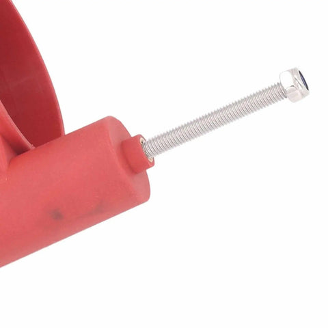 Detail of Heavy Duty Router Lift For Woodworking Tables Built Tough With Abs Housing And stainless steel bearings, showing red ABS control handle.