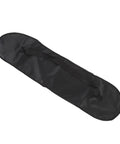 Thickened-Lining Waterproof Skateboard Bag Backpack With Front Zip Quick Access, shown closed, black polyester material with strap.