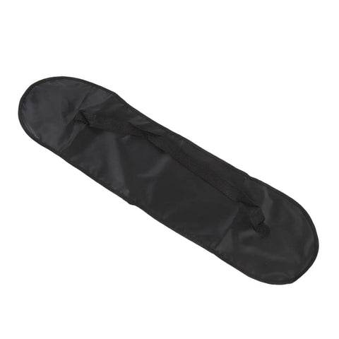Thickened-Lining Waterproof Skateboard Bag Backpack With Front Zip Quick Access, shown closed, black polyester material with strap.