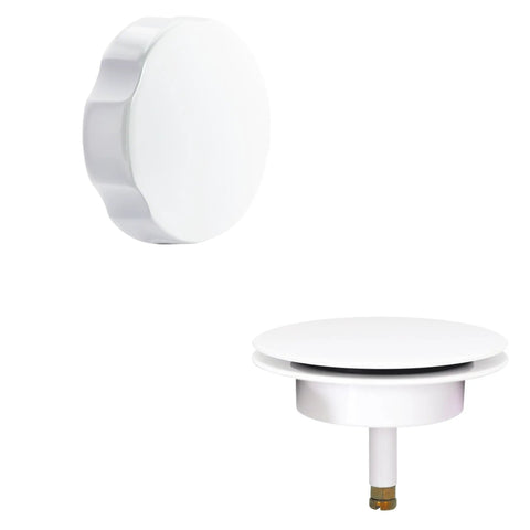 Top view of white secure pop-up stopper and brass rotary overflow knob for No Sweat Installation 27 Inch Cable Drive Bath Drain Trim Kit.