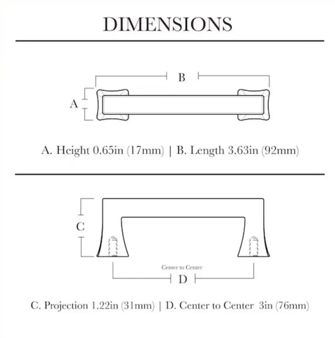 Dimensions diagram of Flat Black 3 Inch Casual Square Cabinet Pull with Matte Finish Built Tough Metal Construction Three Inch Center to Center Mount