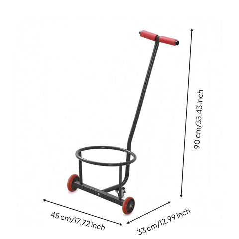 Heavy Duty Manual Transport Cart With Circular Upper Support And Open Frame Base For Easy Bucket Trolley Moving Of Loaded Containers, Two Wheel Hand Truck Carrier, Black Carbon Steel, Ideal For Cleaning Routes And Events, 90 cm tall