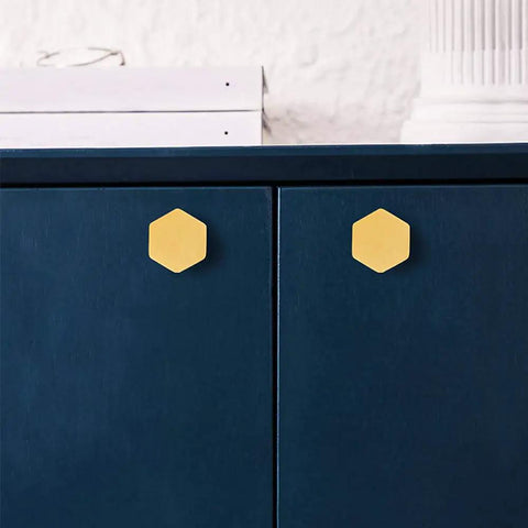 Solid Brass Cabinet Knob And Drawer Pull Set 1 1/10 Inch Brushed Gold Hexagon Handles on blue cabinet doors