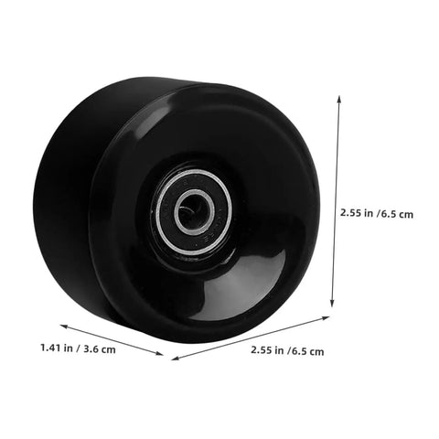 Black quad skate wheel with bearings, 2.55 in diameter, high elastic PU for smooth outdoor skating. Quad Skate Wheels With Bearings Replacement Set.
