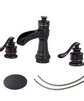 Waterfall Widespread Bathroom Faucet With Oil Rubbed Bronze Farmhouse Finish 8 Inch Spread Twin Handle 3 Hole Design Pop Up Drain Stopper Including Overflow And Supply Lines Vanity Lavatory Sink Parts For Easy Install, showing faucet, handles, and supply lines.